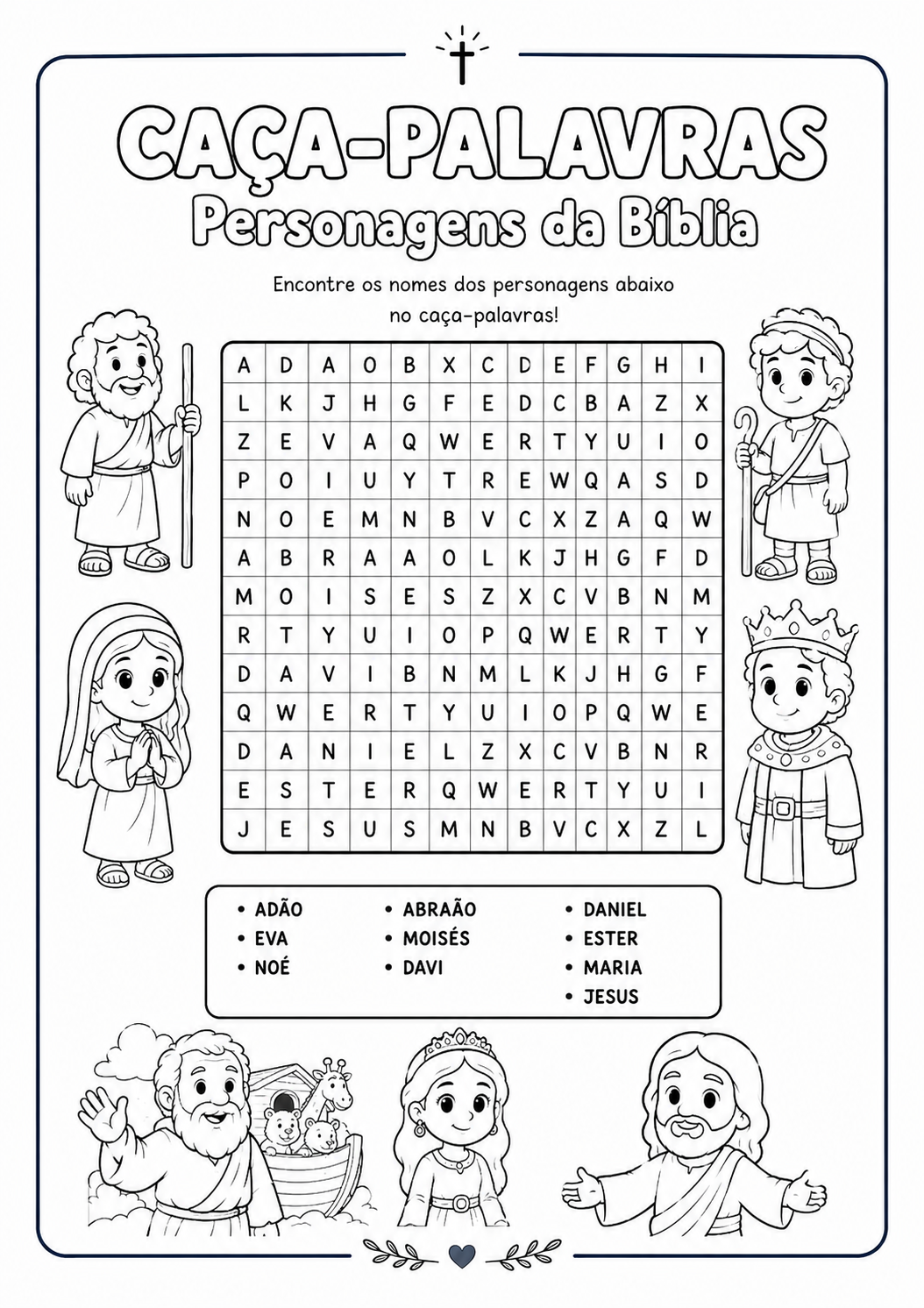 Atividade bíblica infantil — Caça-palavras personagens da Bíblia